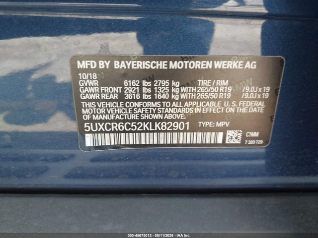 2019 Bmw X5 Xdrive40i მანქანა იყიდება აუქციონზე, vin: 5UXCR6C52KLK82901, აუქციონის ნომერი: 45075012