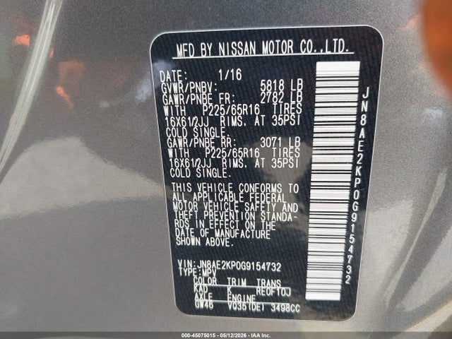 Продаж на аукціоні авто 2016 Nissan Quest S, vin: JN8AE2KP0G9154732, номер лоту: 45075015