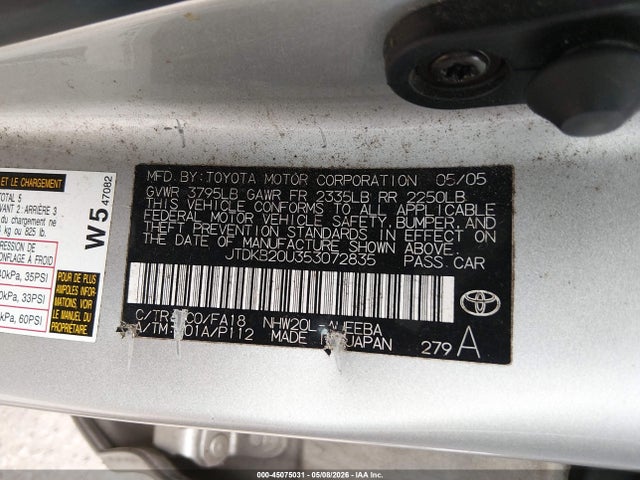 Aukcja sprzedaży 2005 Toyota Prius, vin: JTDKB20U353072835, numer aukcji: 45075031