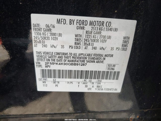 Aukcja sprzedaży 2016 Ford Edge Titanium, vin: 2FMPK4K90GBB91287, numer aukcji: 45075032
