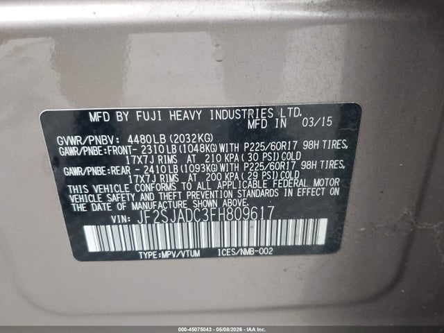 2015 Subaru Forester 2.5i Premium მანქანა იყიდება აუქციონზე, vin: JF2SJADC3FH809617, აუქციონის ნომერი: 45075043