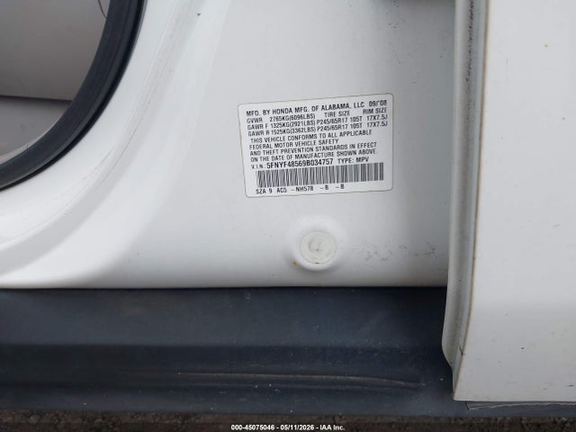 2009 Honda Pilot Ex-l მანქანა იყიდება აუქციონზე, vin: 5FNYF48569B034757, აუქციონის ნომერი: 45075046