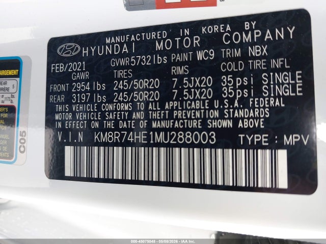 45075048 :رقم المزاد ، KM8R74HE1MU288003 vin ، 2021 Hyundai Palisade Calligraphy مزاد بيع