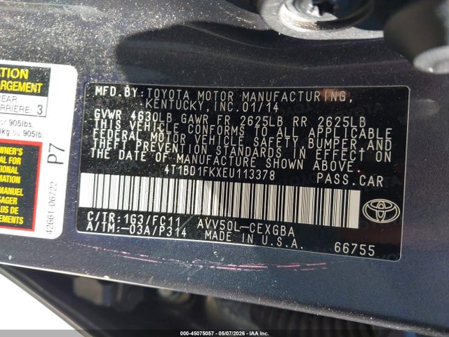 Aukcja sprzedaży 2014 Toyota Camry Hybrid Xle, vin: 4T1BD1FKXEU113378, numer aukcji: 45075057