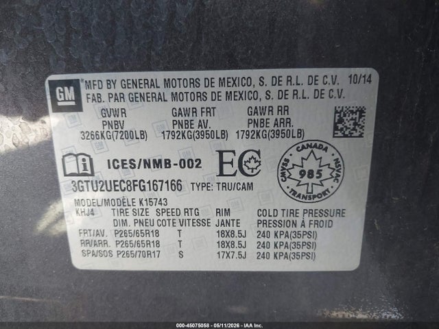 Продаж на аукціоні авто 2015 Gmc Sierra 1500 Sle, vin: 3GTU2UEC8FG167166, номер лоту: 45075058