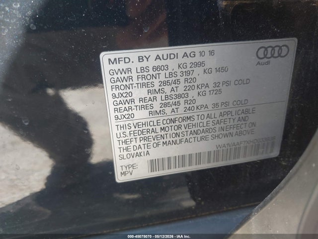 Aukcja sprzedaży 2017 Audi Q7 3.0t Premium, vin: WA1VAAF7XHD033938, numer aukcji: 45075070