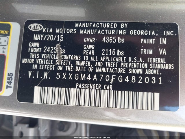 45075082 :رقم المزاد ، 5XXGM4A70FG482031 vin ، 2015 Kia Optima Lx مزاد بيع