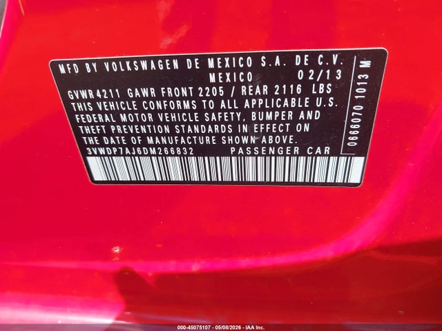 45075107 :رقم المزاد ، 3VWDP7AJ6DM266832 vin ، 2013 Volkswagen Jetta 2.5l Se مزاد بيع