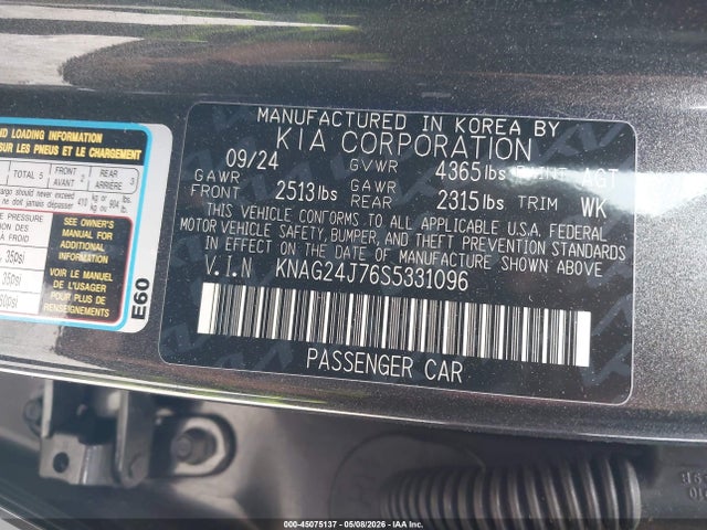 Aukcja sprzedaży 2025 Kia K5 Lxs, vin: KNAG24J76S5331096, numer aukcji: 45075137