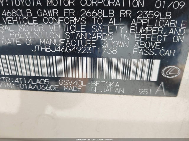 Продаж на аукціоні авто 2009 Lexus Es 350, vin: JTHBJ46G492311738, номер лоту: 45075141