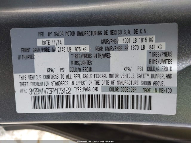 Продажа на аукционе авто 2015 Mazda Mazda3 I Touring, vin: 3MZBM1V73FM173152, номер лота: 45075143
