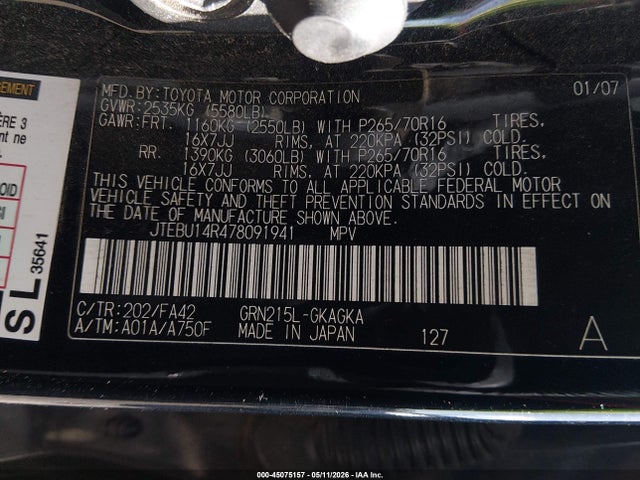2007 Toyota 4runner Sr5 V6 მანქანა იყიდება აუქციონზე, vin: JTEBU14R478091941, აუქციონის ნომერი: 45075157