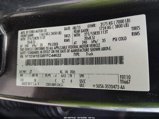 Продаж на аукціоні авто 2015 Ford F-150 Xlt, vin: 1FTEW1EG5FFC44622, номер лоту: 45075162