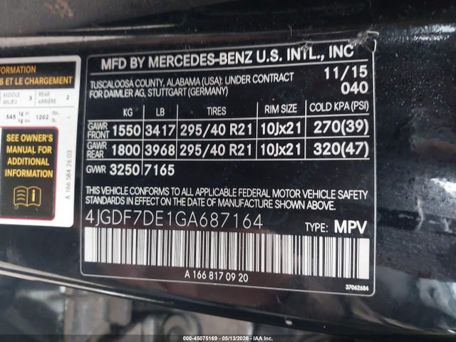 Продаж на аукціоні авто 2016 Mercedes-benz Gl 550 4matic, vin: 4JGDF7DE1GA687164, номер лоту: 45075169