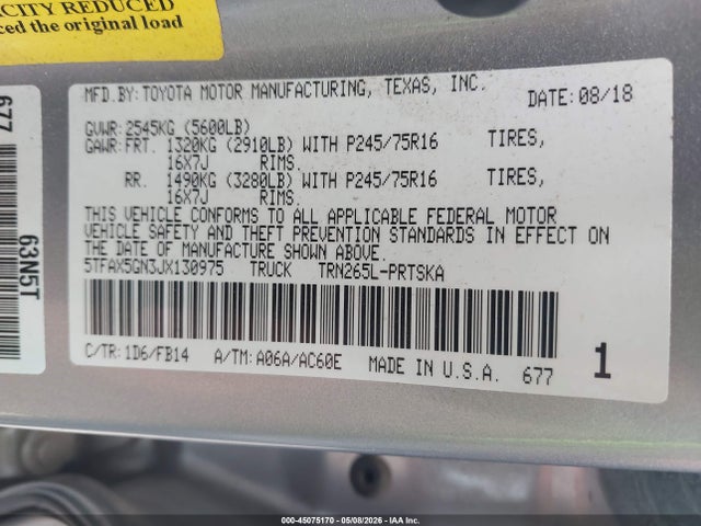 2018 Toyota Tacoma Sr მანქანა იყიდება აუქციონზე, vin: 5TFAX5GN3JX130975, აუქციონის ნომერი: 45075170
