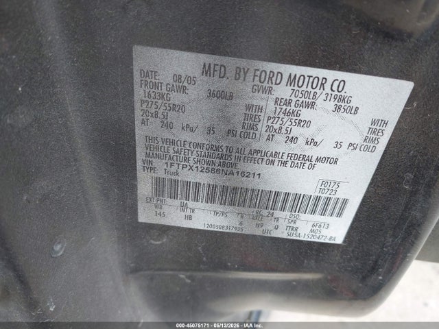 Продаж на аукціоні авто 2006 Ford F-150 Lariat/xl/xlt, vin: 1FTPX12586NA16211, номер лоту: 45075171