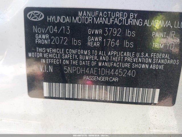 45075176 :رقم المزاد ، 5NPDH4AE1DH445240 vin ، 2013 Hyundai Elantra Gls مزاد بيع