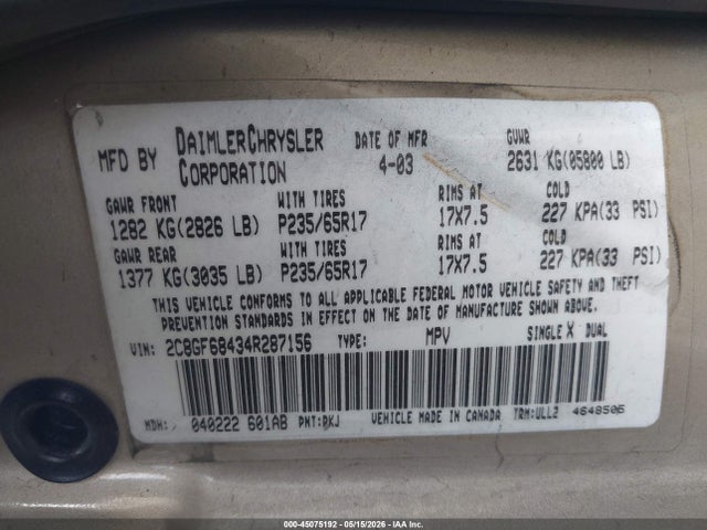 45075192 :رقم المزاد ، 2C8GF68434R287156 vin ، 2004 Chrysler Pacifica مزاد بيع