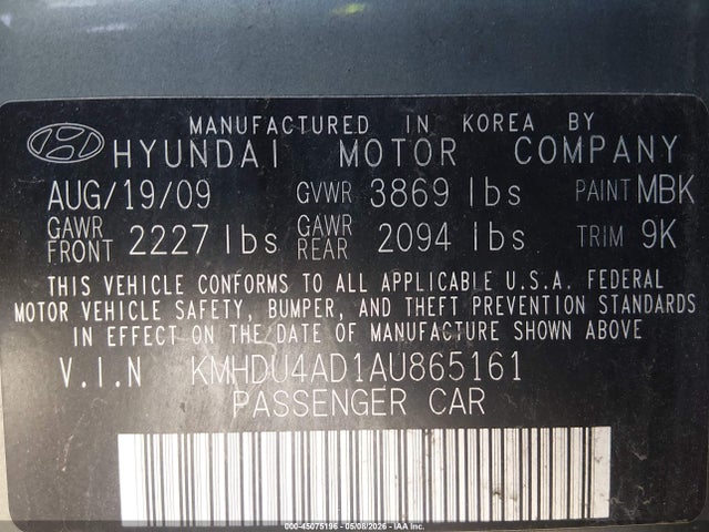 45075196 :رقم المزاد ، KMHDU4AD1AU865161 vin ، 2010 Hyundai Elantra Gls مزاد بيع