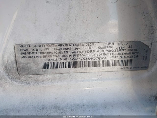 Auction sale of the 2010 Volkswagen Jetta S, vin: 3VWJZ7AJ7AM078104, lot number: 45075199