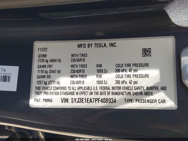 Продажа на аукционе авто 2023 Tesla Model 3 Rear-wheel Drive, vin: 5YJ3E1EA7PF408934, номер лота: 45075201