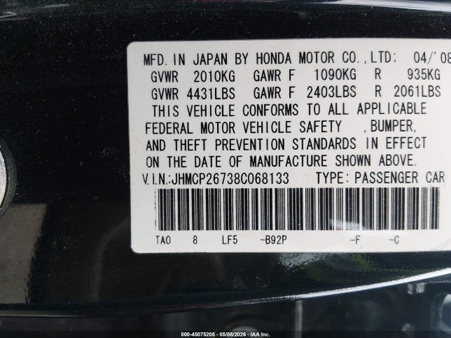 45075205 :رقم المزاد ، JHMCP26738C068133 vin ، 2008 Honda Accord 2.4 Ex مزاد بيع