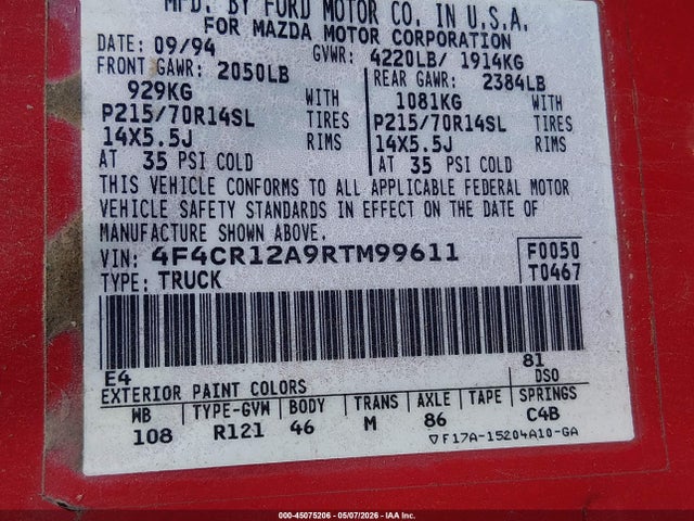 45075206 :رقم المزاد ، 4F4CR12A9RTM99611 vin ، 1994 Mazda B2300 مزاد بيع