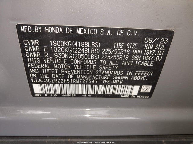 Aukcja sprzedaży 2024 Honda Hr-v Awd Sport/awd Sport W/o Bsi, vin: 3CZRZ2H51RM727595, numer aukcji: 45075208