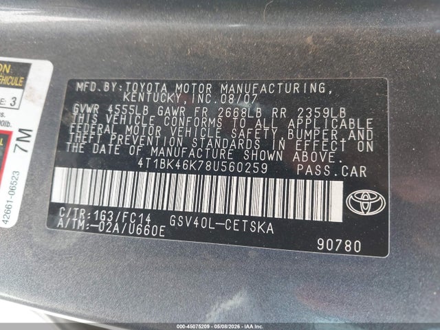 2008 Toyota Camry Se V6 მანქანა იყიდება აუქციონზე, vin: 4T1BK46K78U560259, აუქციონის ნომერი: 45075209