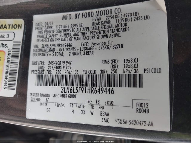 45075210 :رقم المزاد ، 3LN6L5F91HR649446 vin ، 2017 Lincoln Mkz Reserve مزاد بيع
