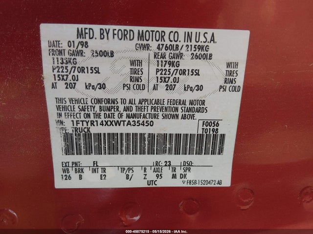 Продаж на аукціоні авто 1998 Ford Ranger Splash/xl/xlt, vin: 1FTYR14XXWTA35450, номер лоту: 45075215