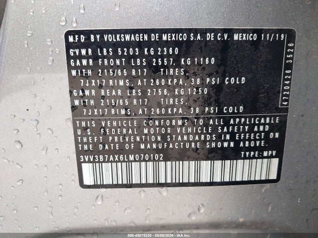 45075220 :رقم المزاد ، 3VV3B7AX6LM070102 vin ، 2020 Volkswagen Tiguan 2.0t Se/2.0t Se R-line Black/2.0t Sel مزاد بيع