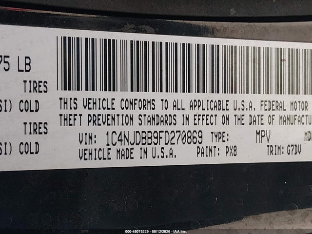 45075229 :رقم المزاد ، 1C4NJDBB9FD270869 vin ، 2015 Jeep Compass Altitude Edition مزاد بيع