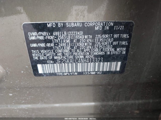 Aukcja sprzedaży 2022 Subaru Forester Wilderness, vin: JF2SKALC4NH413323, numer aukcji: 45075234