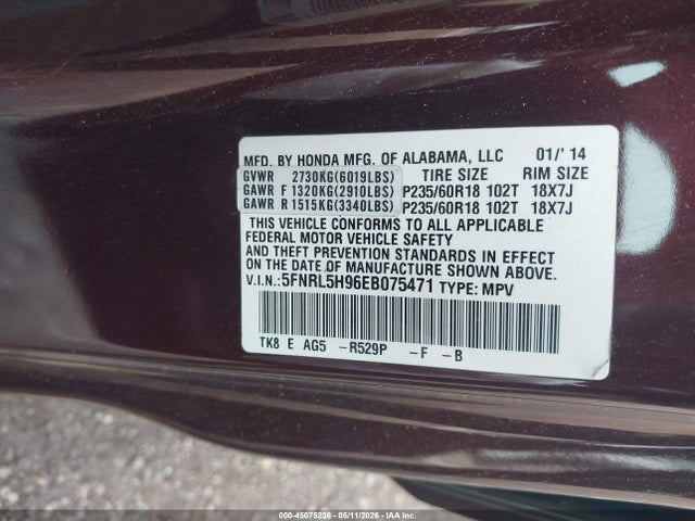 5FNRL5H96EB075471 Honda Odyssey Touring/touring Elite