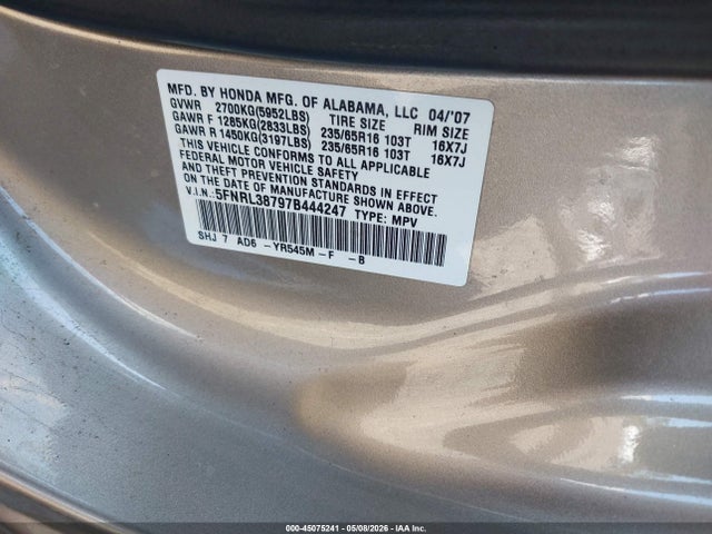 45075241 :رقم المزاد ، 5FNRL38797B444247 vin ، 2007 Honda Odyssey Ex-l مزاد بيع