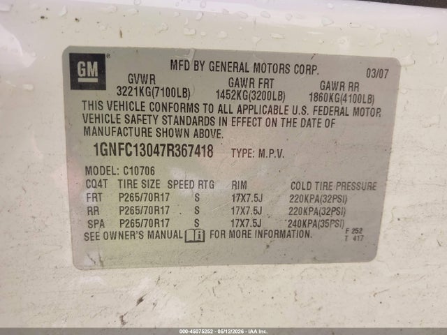 45075252 :رقم المزاد ، 1GNFC13047R367418 vin ، 2007 Chevrolet Tahoe Lt مزاد بيع