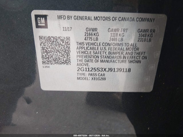 Aukcja sprzedaży 2018 Chevrolet Impala 2lz, vin: 2G1125S3XJ9139118, numer aukcji: 45075254