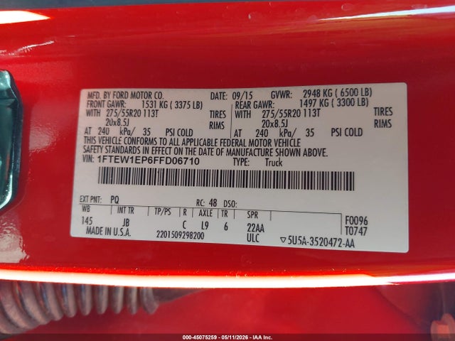 45075259 :رقم المزاد ، 1FTEW1EP6FFD06710 vin ، 2015 Ford F-150 Xlt مزاد بيع