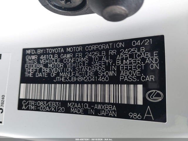 Aukcja sprzedaży 2021 Lexus Ux 200 F Sport, vin: JTHE3JBH8M2041460, numer aukcji: 45075261