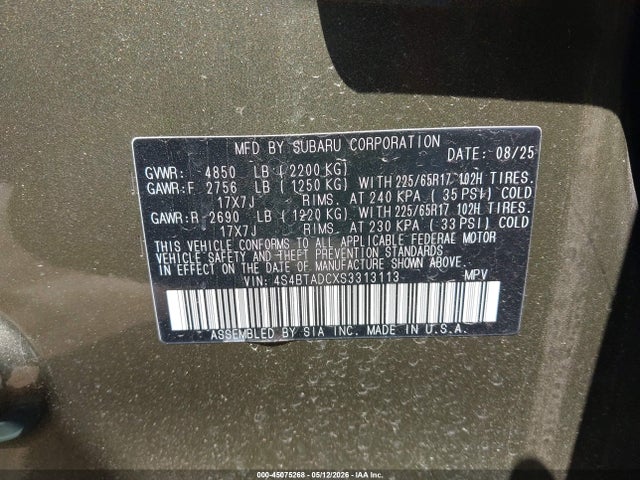 Aukcja sprzedaży 2025 Subaru Outback Premium, vin: 4S4BTADCXS3313113, numer aukcji: 45075268