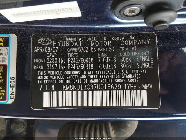 Aukcja sprzedaży 2007 Hyundai Veracruz Gls/limited/se, vin: KM8NU13C37U016679, numer aukcji: 45075277