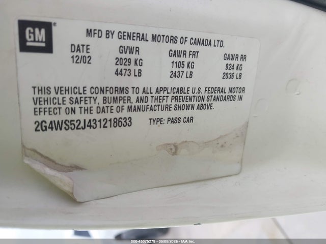2003 Buick Century Custom მანქანა იყიდება აუქციონზე, vin: 2G4WS52J431218633, აუქციონის ნომერი: 45075278