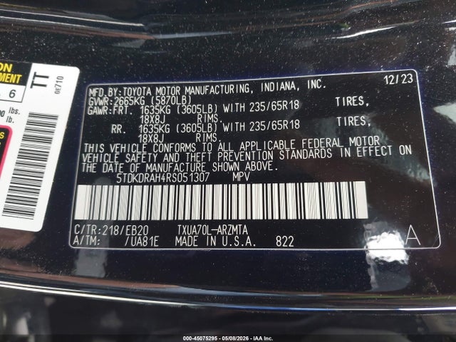 Aukcja sprzedaży 2024 Toyota Highlander Xle, vin: 5TDKDRAH4RS051307, numer aukcji: 45075295