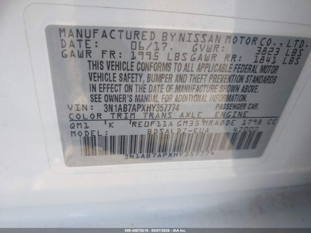 Продаж на аукціоні авто 2017 Nissan Sentra Sv, vin: 3N1AB7APXHY357774, номер лоту: 45075316