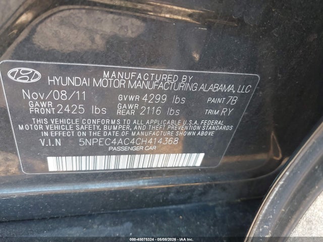 Продаж на аукціоні авто 2012 Hyundai Sonata Se, vin: 5NPEC4AC4CH414368, номер лоту: 45075324