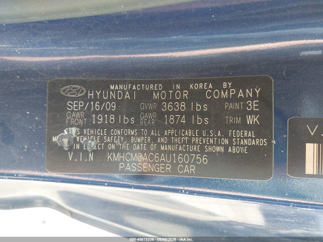 45075336 :رقم المزاد ، KMHCM3AC6AU160756 vin ، 2010 Hyundai Accent Gs مزاد بيع