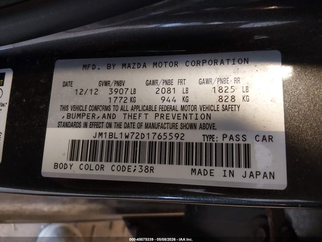 45075339 :رقم المزاد ، JM1BL1W72D1765592 vin ، 2013 Mazda Mazda3 I Grand Touring مزاد بيع