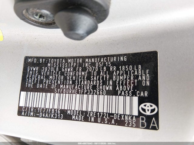Продажа на аукционе авто 2015 Toyota Corolla Le, vin: 5YFBURHE1FP332660, номер лота: 45075343