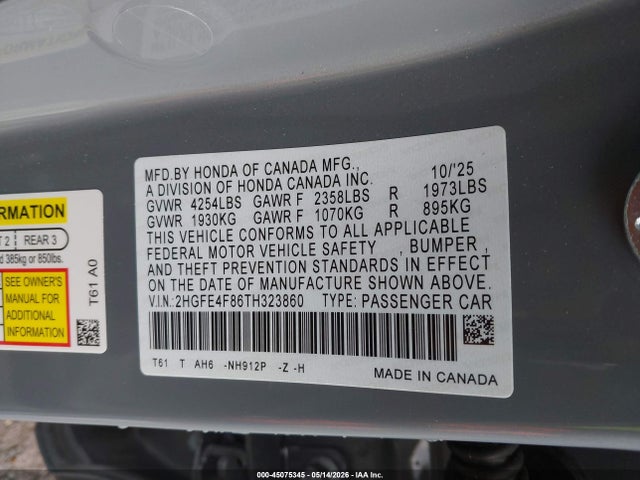 Aukcja sprzedaży 2026 Honda Civic Hybrid Sport/sport Touring, vin: 2HGFE4F86TH323860, numer aukcji: 45075345